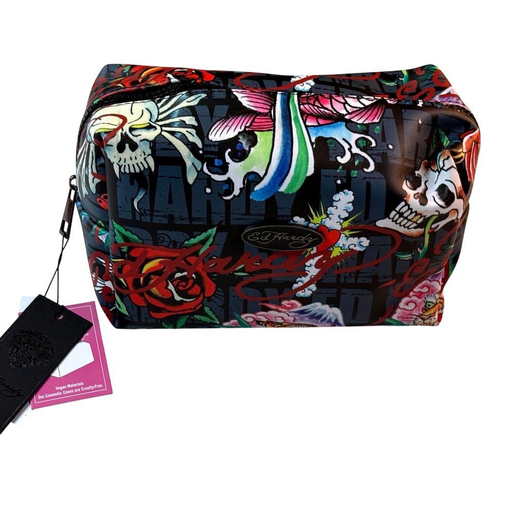 Ed Hardy Cosmetic Bag Womens OS Multicolor New Tattoo Print Loaf Pouch Y2K NWT